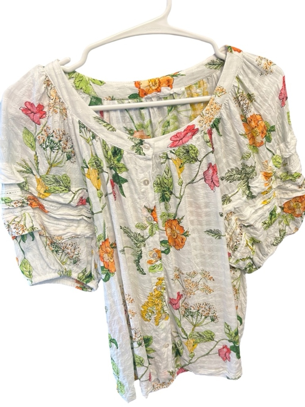 Jane & Delaney Floral Button-Front Top - White w/ Orange & Pink Flowers SZ M EUC - Picture 7 of 11